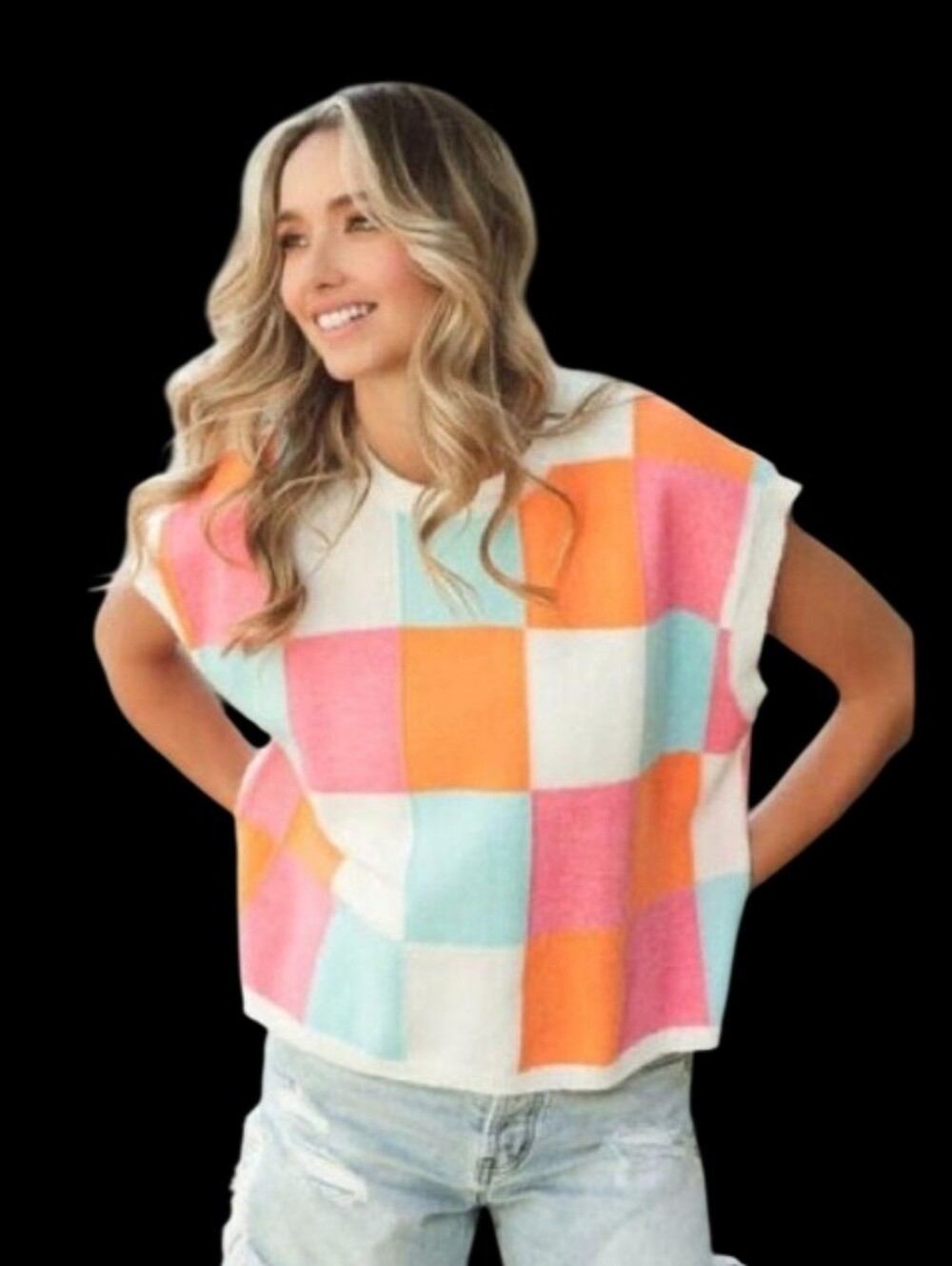 Bibi Sz XL Checkerboard Knit Pullover Vest - Pink, Orange, Mint, White